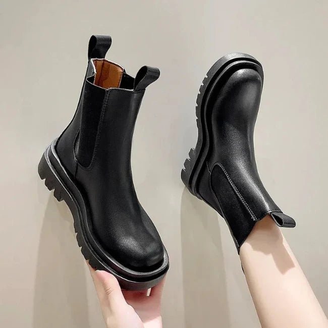 Women Leather Platform Mid-Calf Chelsea Booties