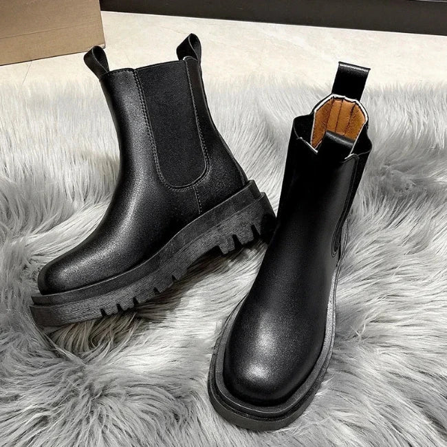 Women Leather Platform Mid-Calf Chelsea Booties