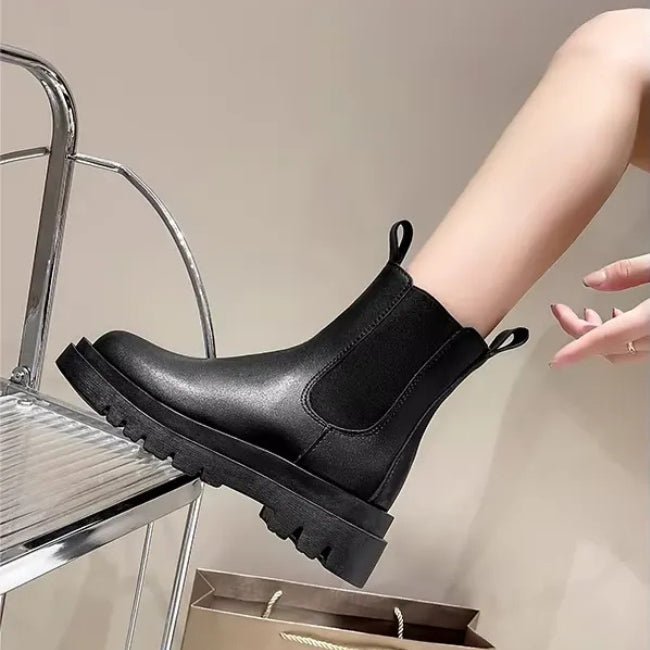 Women Leather Platform Mid-Calf Chelsea Booties