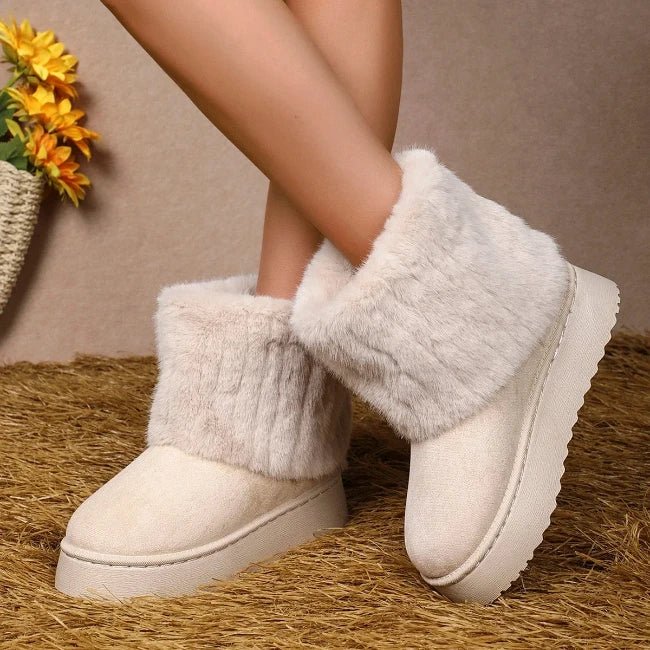 Women Plush Flatform with Plateau Fluffy Mid-Calf Booties