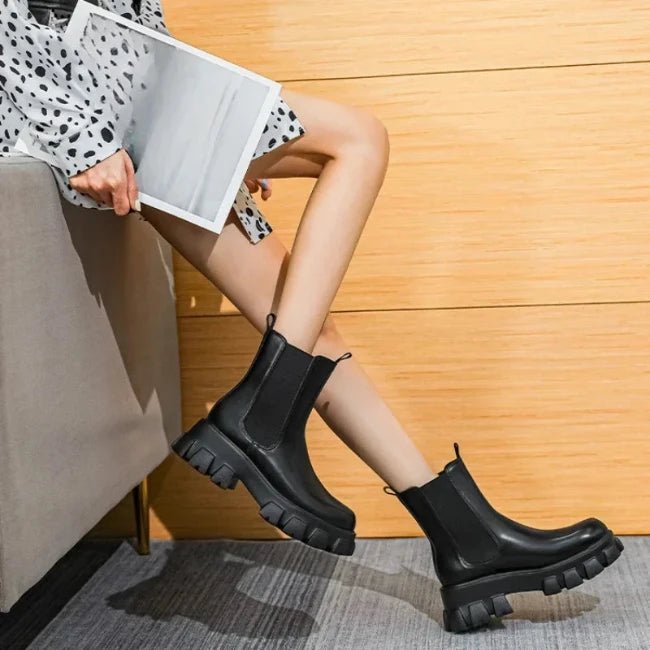 Women Leather Platform Mid-Calf Chelsea Booties