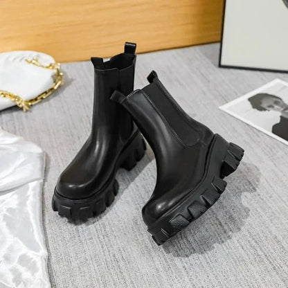 Women Leather Platform Mid-Calf Chelsea Booties
