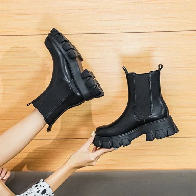 Women Leather Platform Mid-Calf Chelsea Booties