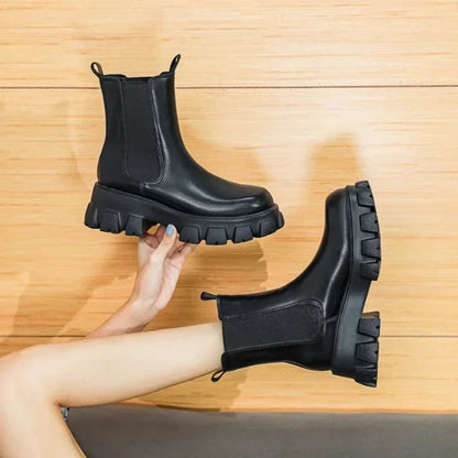 Women Leather Platform Mid-Calf Chelsea Booties