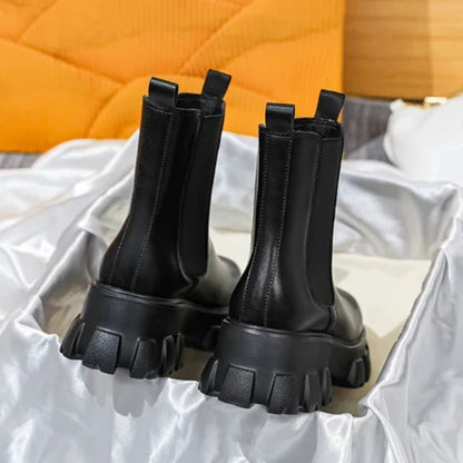 Women Leather Platform Mid-Calf Chelsea Booties
