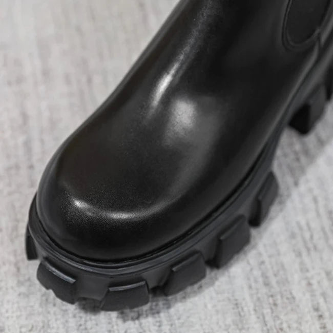 Women Leather Platform Mid-Calf Chelsea Booties