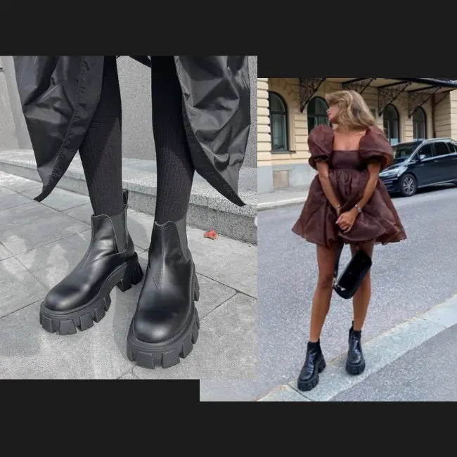 Women Leather Platform Mid-Calf Chelsea Booties