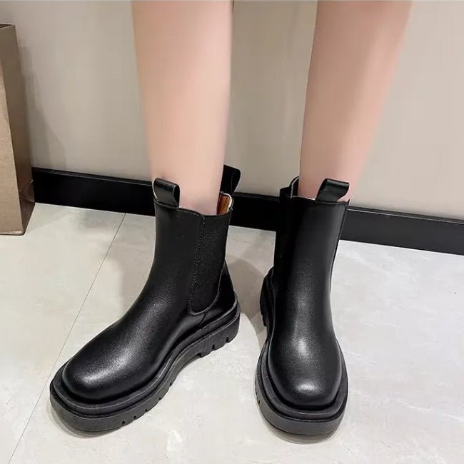 Women Leather Platform Mid-Calf Chelsea Booties