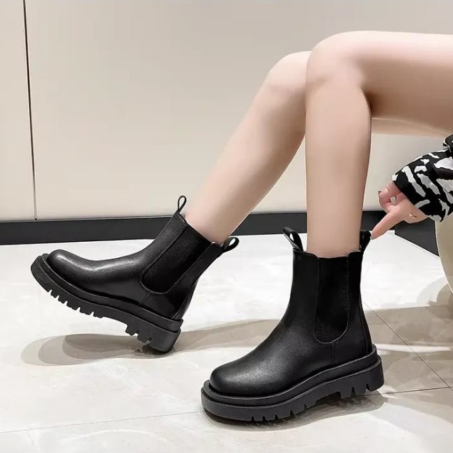 Women Leather Platform Mid-Calf Chelsea Booties