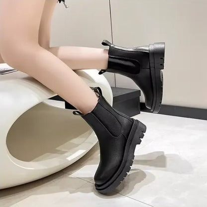 Women Leather Platform Mid-Calf Chelsea Booties