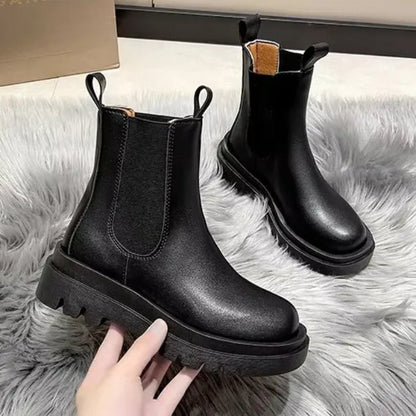 Women Leather Platform Mid-Calf Chelsea Booties