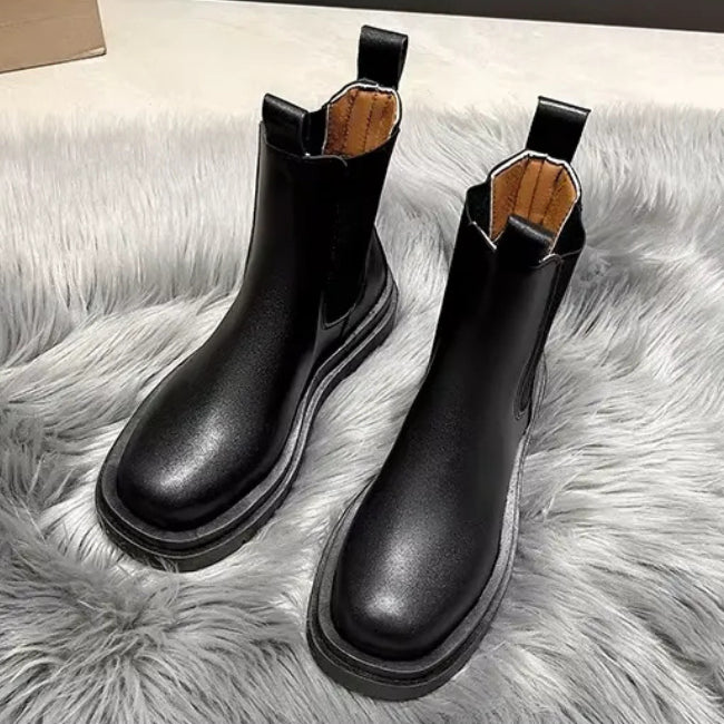 Women Leather Platform Mid-Calf Chelsea Booties