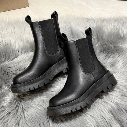Women Leather Platform Mid-Calf Chelsea Booties