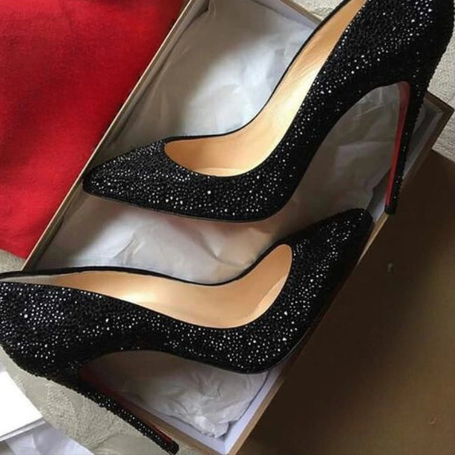 Women's Leather Strass Stiletto Decolleteee Black and Red