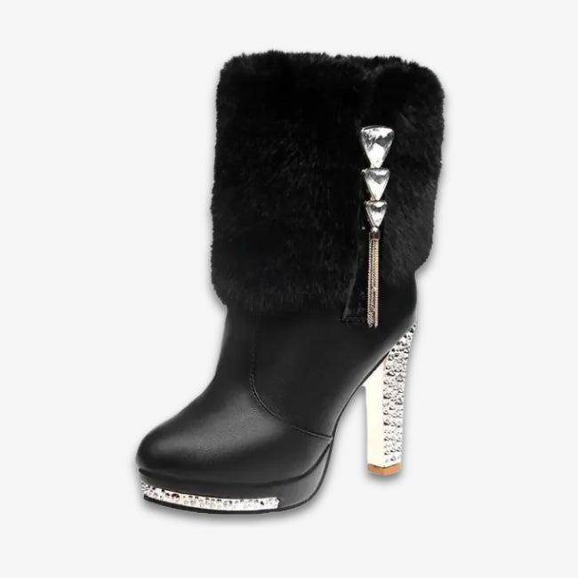 Women Leather Pump Chunky Heels Furry Mid-Calf Booties