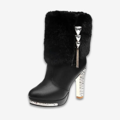 Women Leather Pump Chunky Heels Furry Mid-Calf Booties