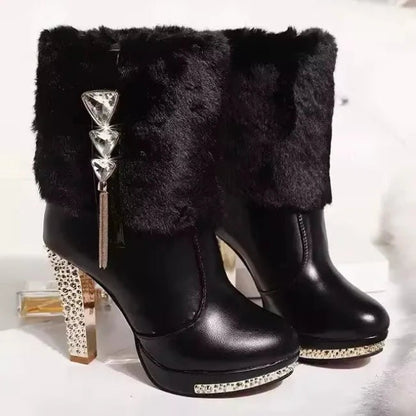 Women Leather Pump Chunky Heels Furry Mid-Calf Booties