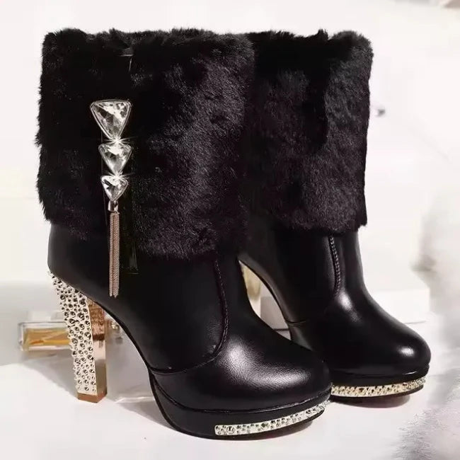 Women Leather Pump Chunky Heels Furry Mid-Calf Booties#color_black