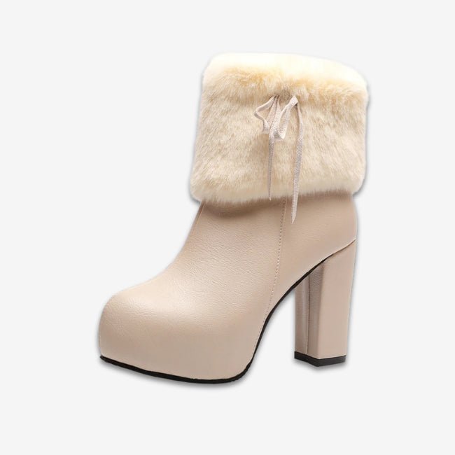 Women Leather Pump Chunky Heels Furry Mid-Calf Booties