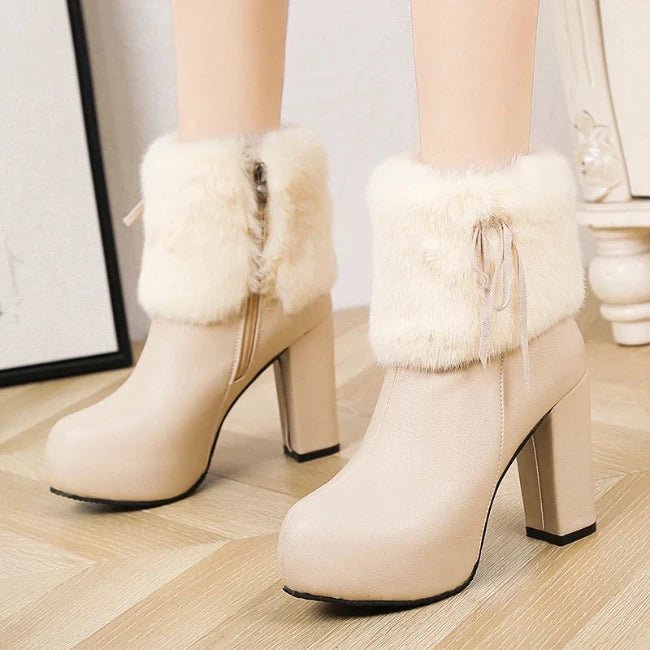 Women Leather Pump Chunky Heels Furry Mid-Calf Booties