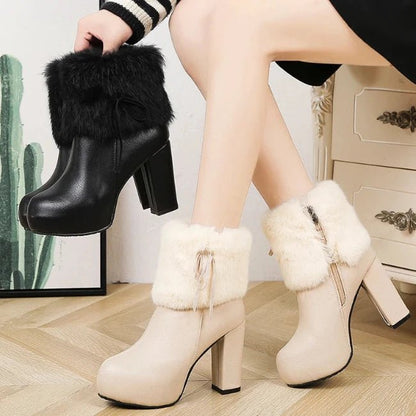 Women Leather Pump Chunky Heels Furry Mid-Calf Booties