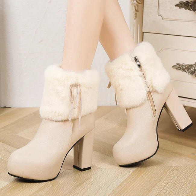 Women Leather Pump Chunky Heels Furry Mid-Calf Booties