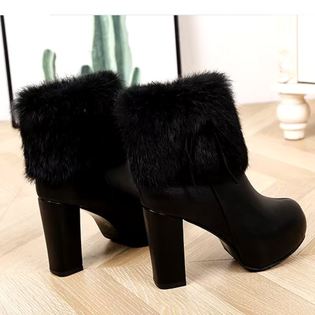 Women Leather Pump Chunky Heels Furry Mid-Calf Booties