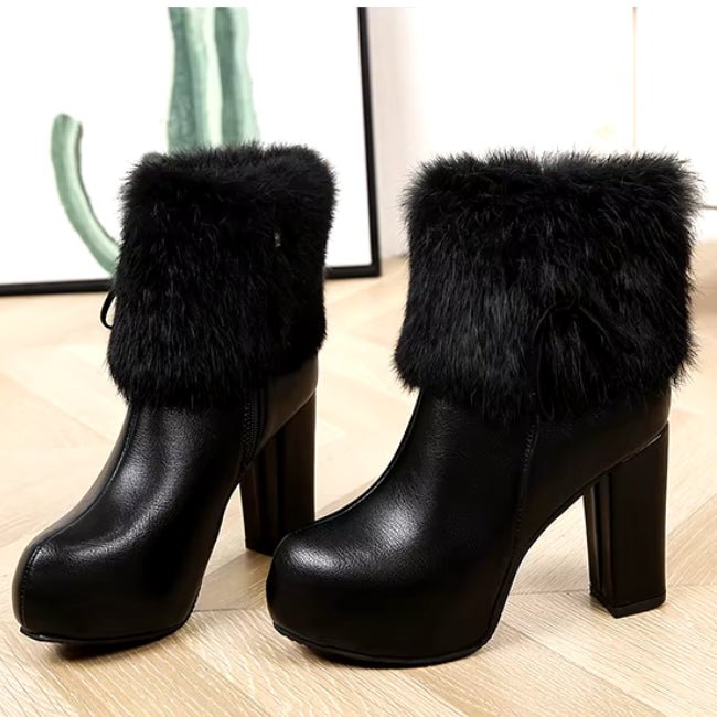Women Leather Pump Chunky Heels Furry Mid-Calf Booties