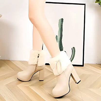 Women Leather Pump Chunky Heels Furry Mid-Calf Booties