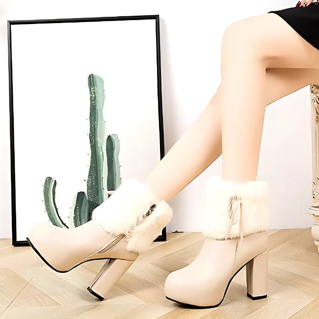 Women Leather Pump Chunky Heels Furry Mid-Calf Booties