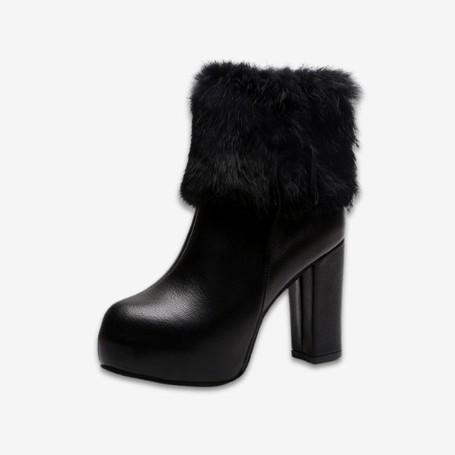 Women Leather Pump Chunky Heels Furry Mid-Calf Booties