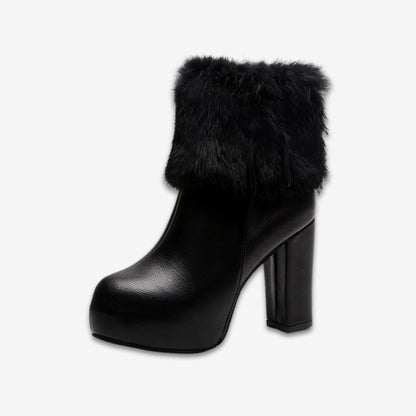 Women Leather Pump Chunky Heels Furry Mid-Calf Booties