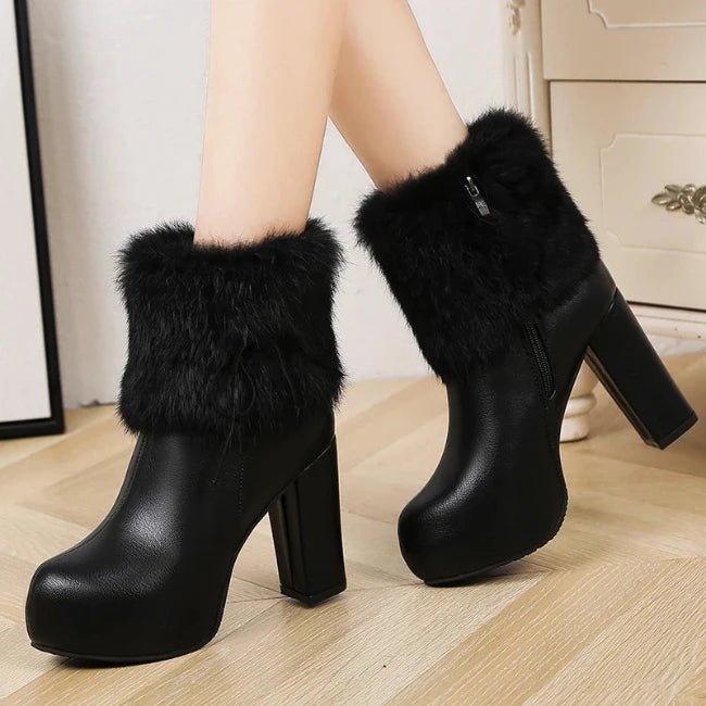 Women Leather Pump Chunky Heels Furry Mid-Calf Booties