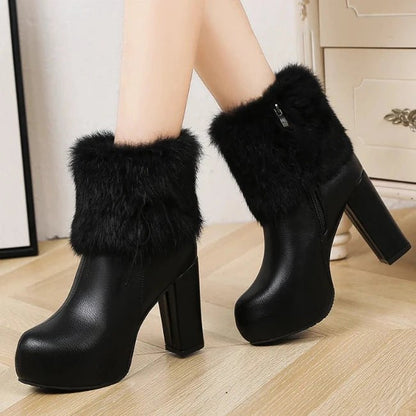 Women Leather Pump Chunky Heels Furry Mid-Calf Booties