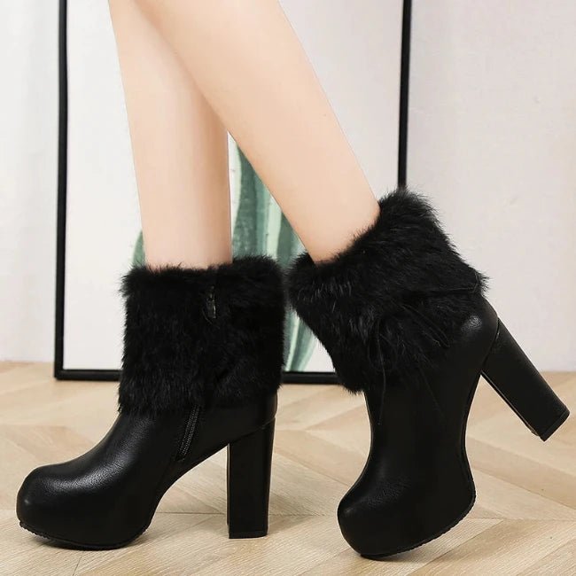 Women Leather Pump Chunky Heels Furry Mid-Calf Booties