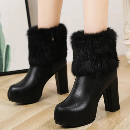 Women Leather Pump Chunky Heels Furry Mid-Calf Booties