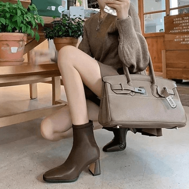 Women Leather Flatform with plateau Chunky Heels Booties