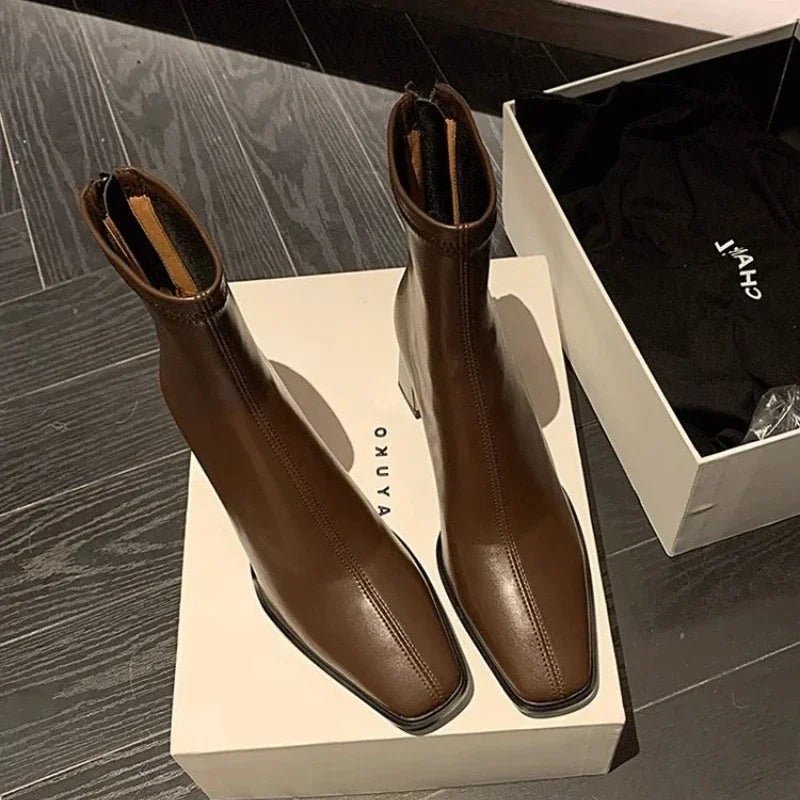 Women Leather Flatform with plateau Chunky Heels Booties