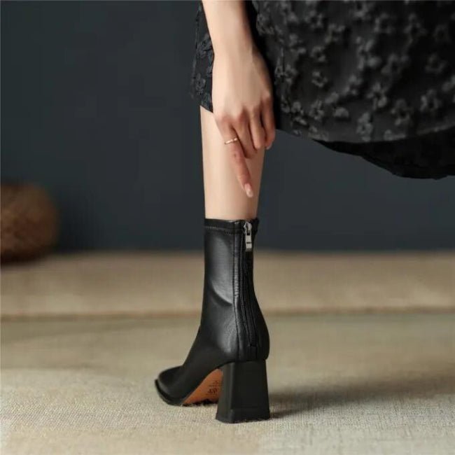 Women Leather Flatform with plateau Chunky Heels Booties