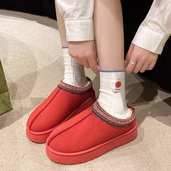 Women Plush Platform Furry Slippers#color_red