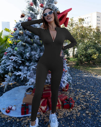 Seamless Long Sleeve Turtle Neck Zipper Ribbed Tummy Control Butt Lifting Jumpsuit