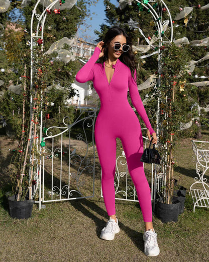 Seamless Long Sleeve Turtle Neck Zipper Ribbed Tummy Control Butt Lifting Jumpsuit